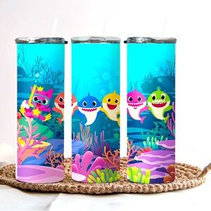 Baby shark inspired 20 oz. stainless steel tumbler with lid and straw